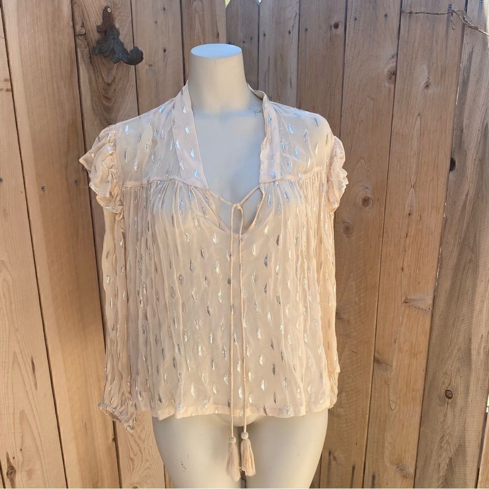 Mango bohemian sheer beige blouse with metallic print size small